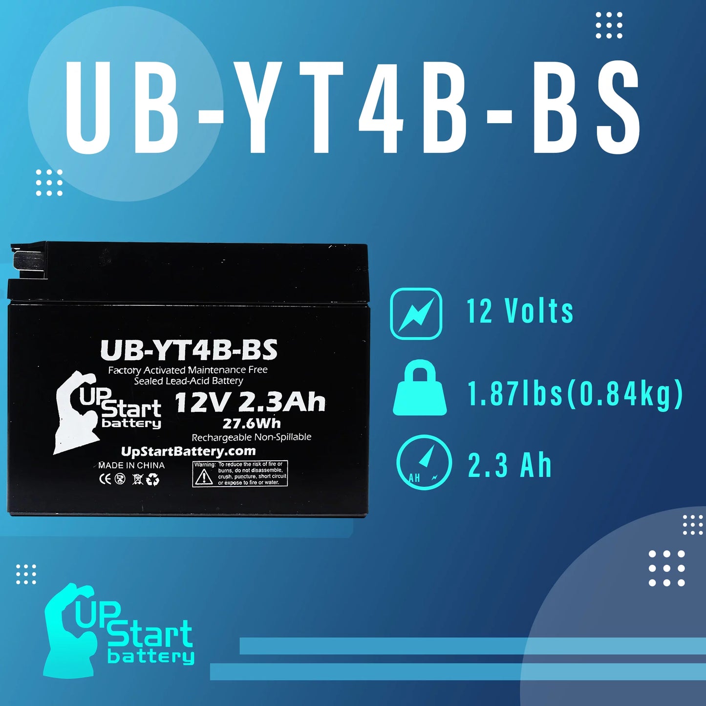 5-Pack UpStart Battery Replacement for 2004 Yamaha SR400 400CC Factory Activated, Maintenance Free, Motorcycle Battery - 12V, 2.3Ah, UB-YT4B-BS