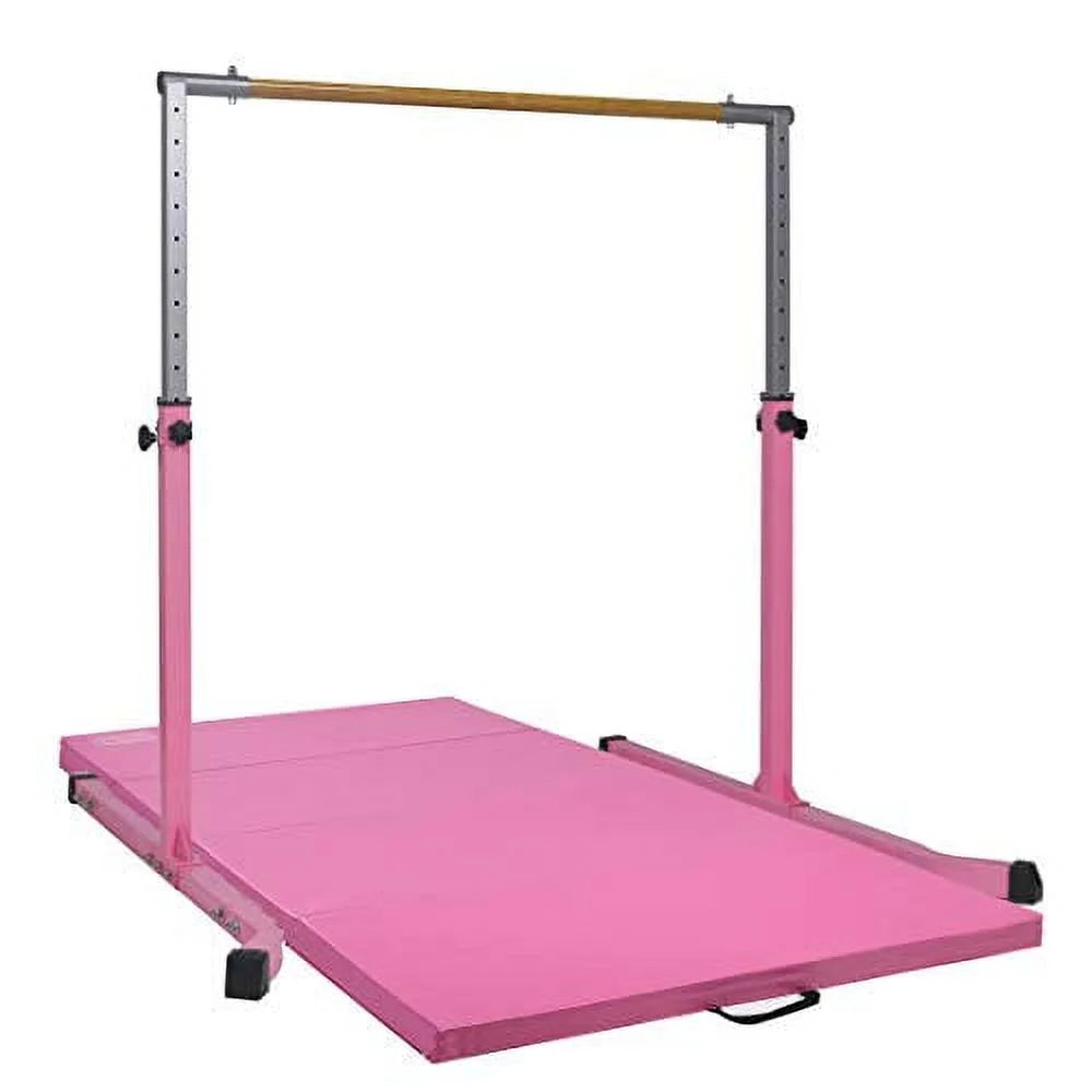 5 Star-TD Gymnastic Kip Bar Expandable 3 FT to 5 FT for Kids Gymnastics Junior Training, Height Adjustable Horizontal Bar Heavy Duty Strong Curved Legs Home Gym Gymnastics Training Equipment (Pink)