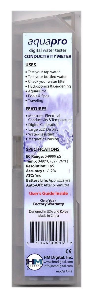 AP-2 AquaPro Fluid Quality Electrical Conductivity Tester, 0-9999 µS Range, 1 µS Resolution, +/- 2% Readout Accuracy, Measures electrical conductivity (EC).., By HM Digital