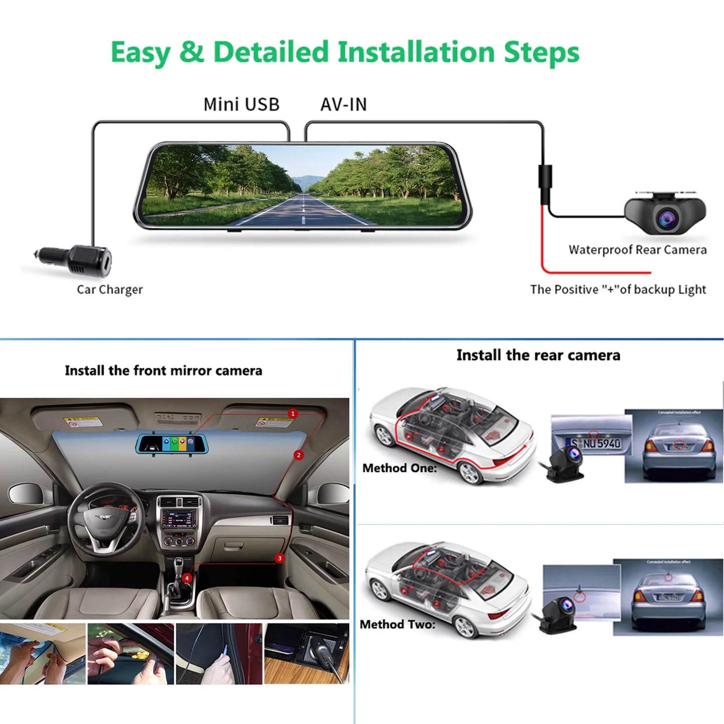 10" Touch Display Mirror Dash Camera, 1080P Dual Dash Cam Kit Front and Rear View, Backup Camera for Cars, Super Night Vision, Motion Detection,Reversing Assistance, Loop Recording