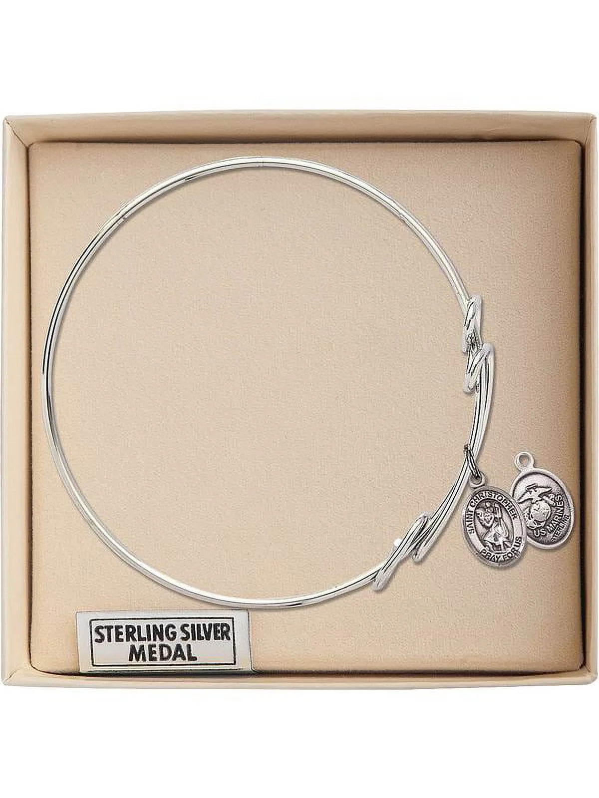 8 1/2 inch Round Double Loop Bangle Bracelet w/ St. Christopher / Marines in Sterling Silver