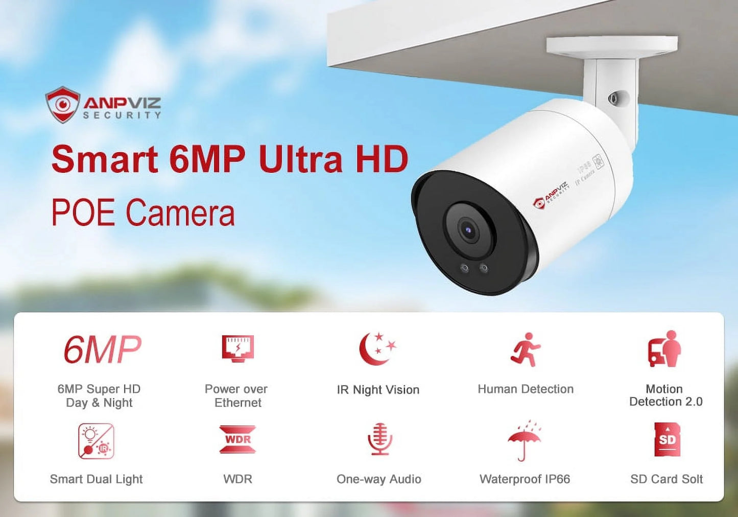 Anpviz 6MP POE Camera Outdoor, 6MP Bullet POE IP Camera with Human/Vehicle Detection, Security Bullet Camera with 2.8mm Lens, Smart Dual Light Color Night Vision, Support 256G SD Card, White