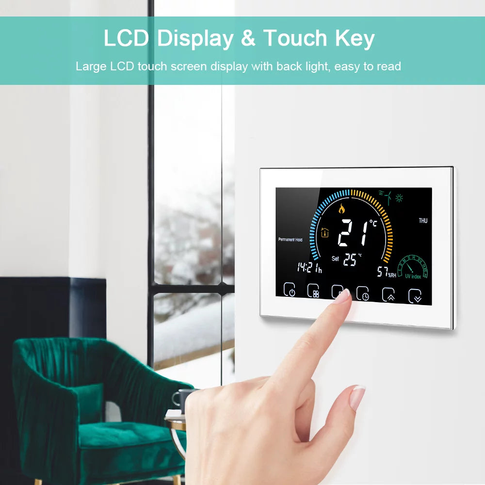 95-240V Smart Programmable 5+1+1 Six Periods Voice APP Control Backlight LCD / Gas Boiler Heating Thermoregulator with Index Humidity Display Lock Function Compatible with Echo Home Tma