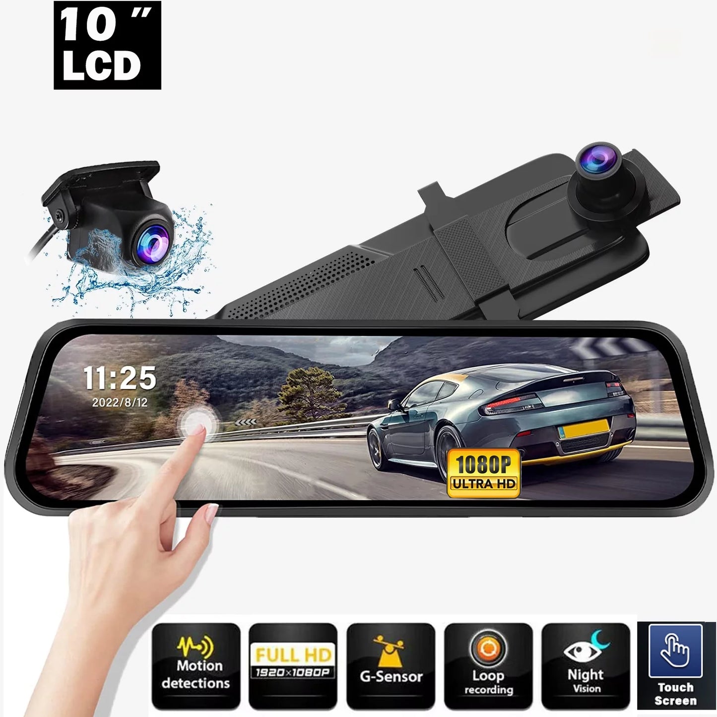 10" Touch Display Mirror Dash Camera, 1080P Dual Dash Cam Kit Front and Rear View, Backup Camera for Cars, Super Night Vision, Motion Detection,Reversing Assistance, Loop Recording