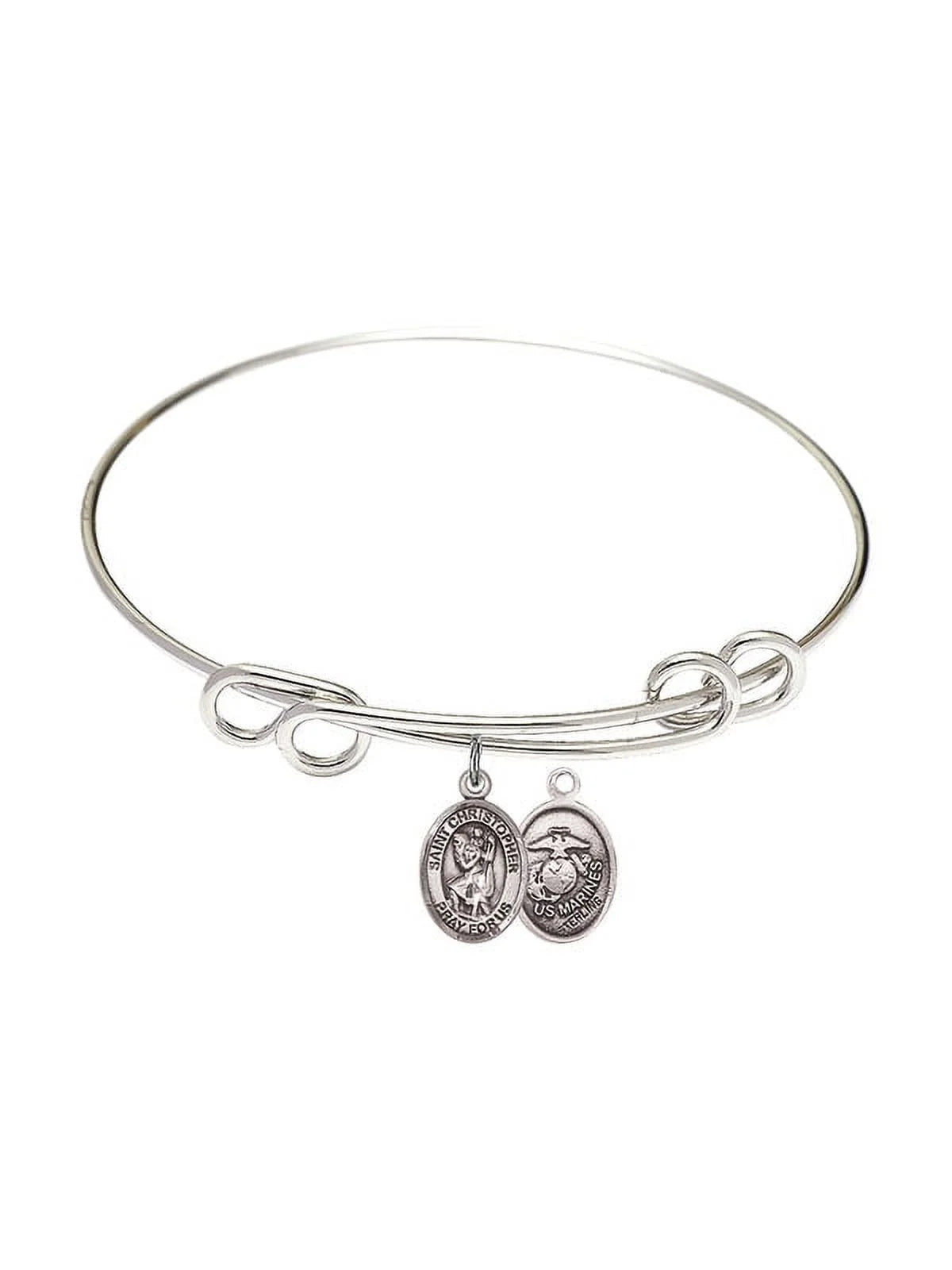 8 1/2 inch Round Double Loop Bangle Bracelet w/ St. Christopher / Marines in Sterling Silver