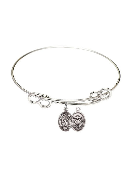 8 1/2 inch Round Double Loop Bangle Bracelet w/ St. Christopher / Marines in Sterling Silver