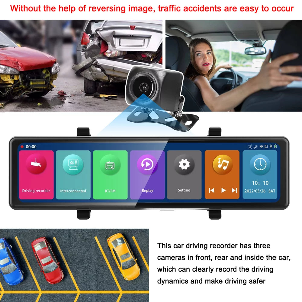 Andoer 3 Cameras Dash Cam 12in 2.5K Clear Car Rearview Mirror Car Video Recording Touched Monitor Car Recorder Carplay Auto Driving Recorder