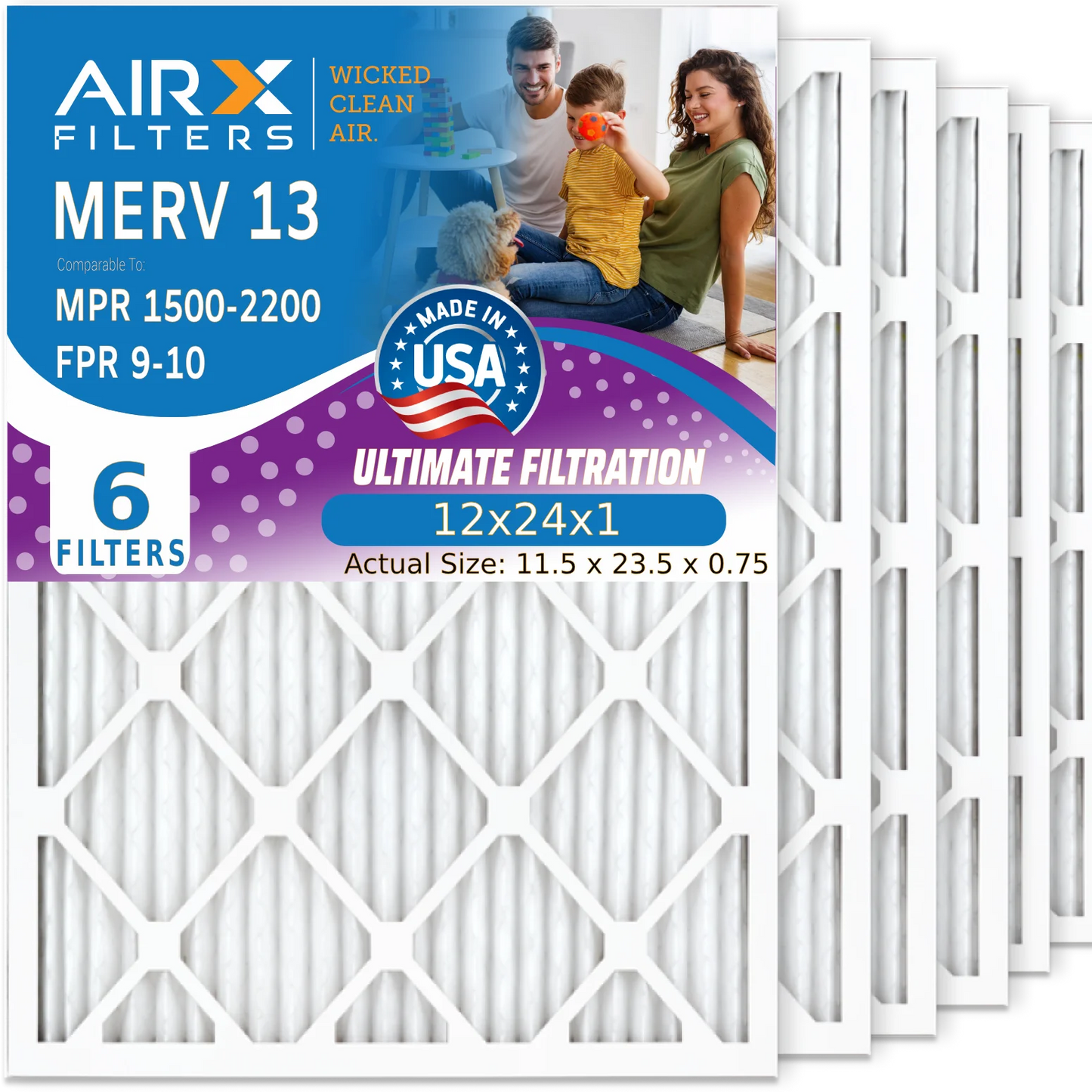 12x24x1 Air Filter MERV 13 Comparable to MPR 1500 - 2200 & FPR 9 Electrostatic Pleated Air Conditioner Filter 6 Pack HVAC AC Premium USA Made 12x24x1 Furnace Filters by AIRX FILTERS WICKED CLEAN AIR.