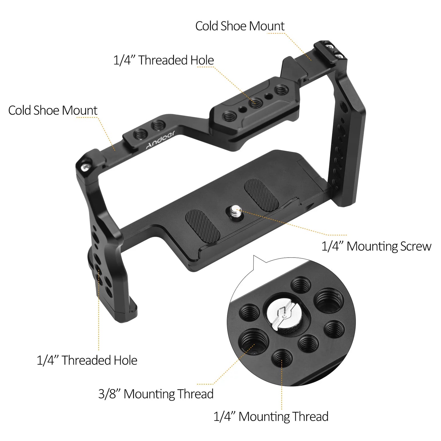 Andoer Camera Cage Aluminum Alloy Video Cage with Dual Cold Shoe Mounts Numerous 1/4 Inch Threads Replacement for A7IV/ A7III/ A7II/ A7R III/ A7R II/ A7S II