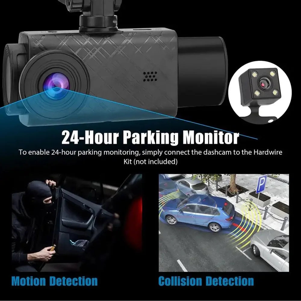 Anself 3 Cameras Dash Cam 2in Clear Car Rearview Mirror Car Video Recording Multi-Language Car Recorder Auto Safety Driving Recorder