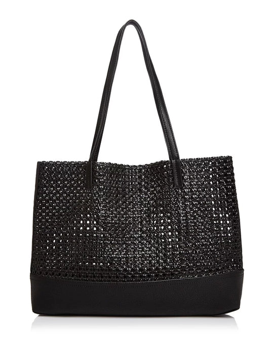 AQUA Women's Black Woven Double Flat Strap Tote Handbag Purse