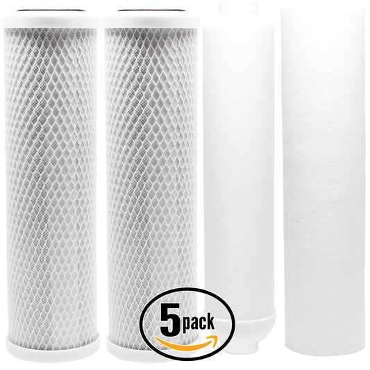 5-Pack Replacement Filter Kit for US Fluid Systems 200-APRO-5050-P RO System - Includes Carbon Block Filters, PP Sediment Filter & Inline Filter Cartridge - Denali Pure Brand