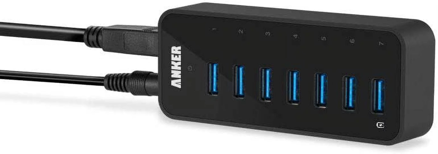 Anker USB 3.0 7-Port Hub with 1 BC 1.2 Charging Port up to 5V 1.5A, 12V 3A Power Adapter Included [VIA VL812-B2 Chipset] Black