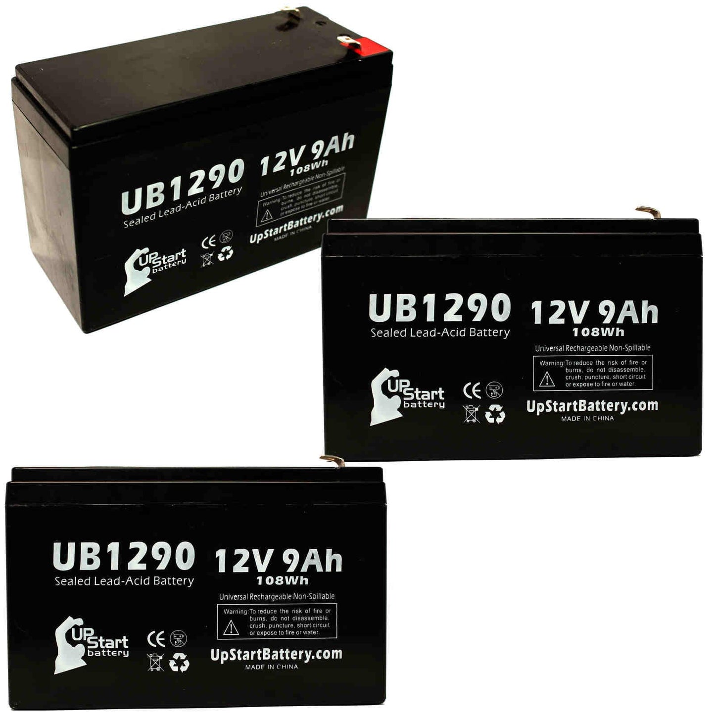 3x Pack - Compatible Amigo Mobility TravelMate Battery - Replacement UB1290 Universal Sealed Lead Acid Battery (12V, 9Ah, 9000mAh, F1 Terminal, AGM, SLA) - Includes 6 F1 to F2 Terminal Adapters