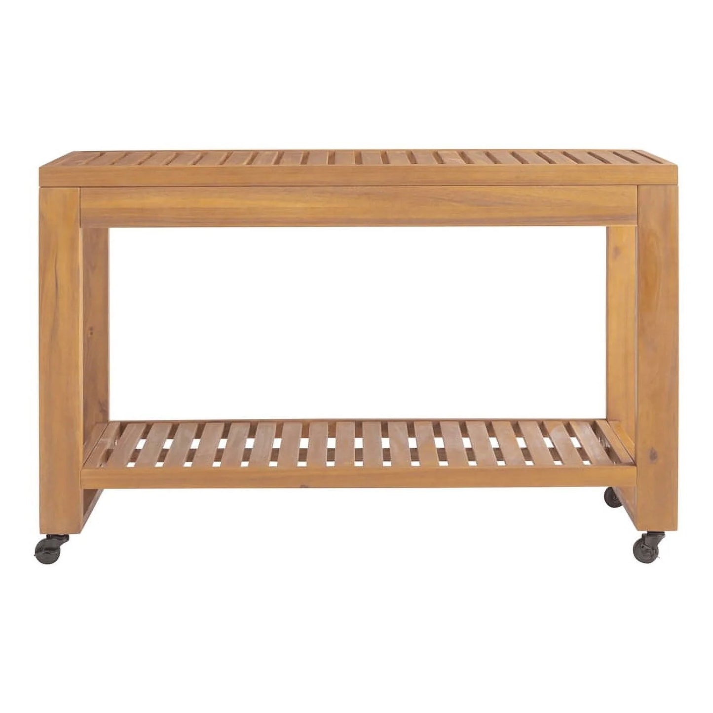 Afuera Living Wood Outdoor Rolling Kitchen Island Slatted Top & Shelf in Natural