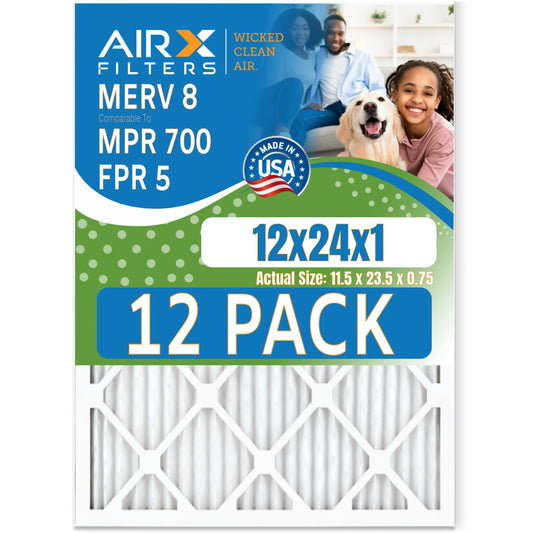 12x24x1 Air Filter MERV 8 Rating, 12 Pack of Furnace Filters Comparable to MPR 700 & FPR 5 - Made in USA by AIRX FILTERS WICKED CLEAN AIR.