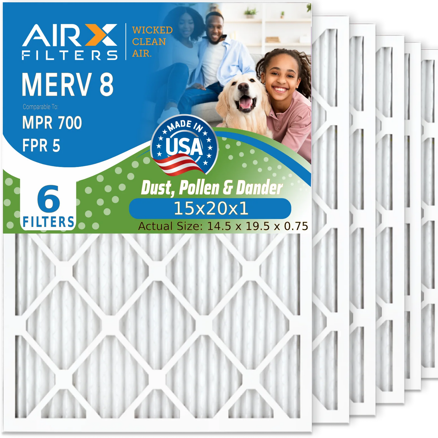 15x20x1 Air Filter MERV 8 Comparable to MPR 700 & FPR 5 Electrostatic Pleated Air Conditioner Filter 6 Pack HVAC AC Premium USA Made 15x20x1 Furnace Filters by AIRX FILTERS WICKED CLEAN AIR.