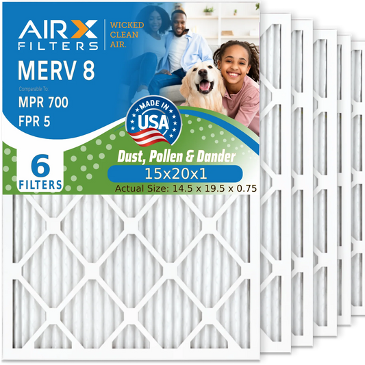 15x20x1 Air Filter MERV 8 Comparable to MPR 700 & FPR 5 Electrostatic Pleated Air Conditioner Filter 6 Pack HVAC AC Premium USA Made 15x20x1 Furnace Filters by AIRX FILTERS WICKED CLEAN AIR.