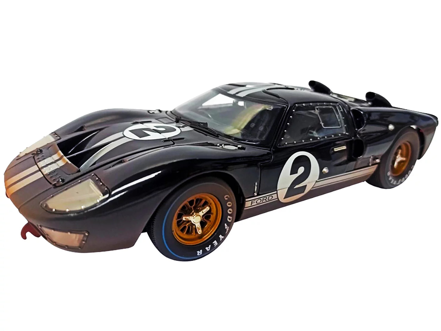 1966 Ford GT-40 MK II #2 Black with Silver Stripes After Race (Dirty Version) 1/18 Diecast Model Car by Shelby Collectibles