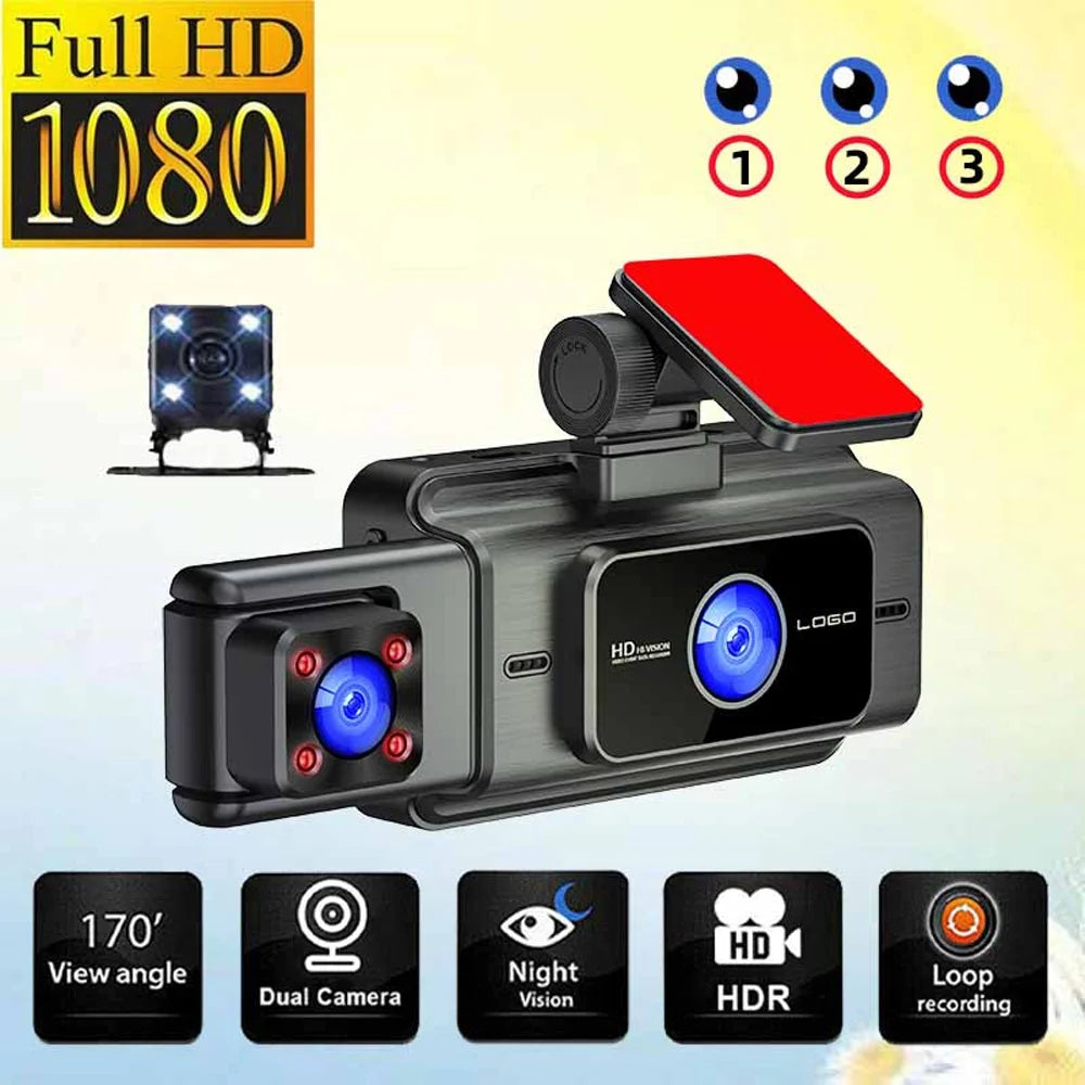 3 Channel Dash Cam Front and Rear Inside, 1080p 3 Inches 170° Wide Angle Dashcam, Dash Camera for Cars with 128GB Card, Super Night Vision, G-Sensor, Motion Detection