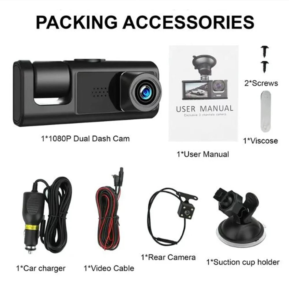 ALLTIMES 1080HD Car Dash Cam Recorder, 3 in 1 Cameras Front Interior Rear 2" HD IPS Display Display G-Sensor, Motion Detection, Loop Recording, with Car Charger and Video Cable