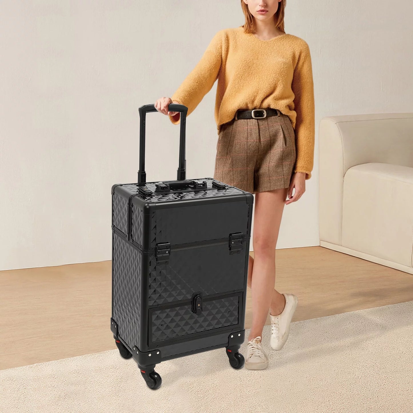 Aiqidi Rolling Makeup Train Case Wheeled Manicure Storage Case Trunk Nail Organizer Luggage Cart Salon Cosmetic Trolley Box Black