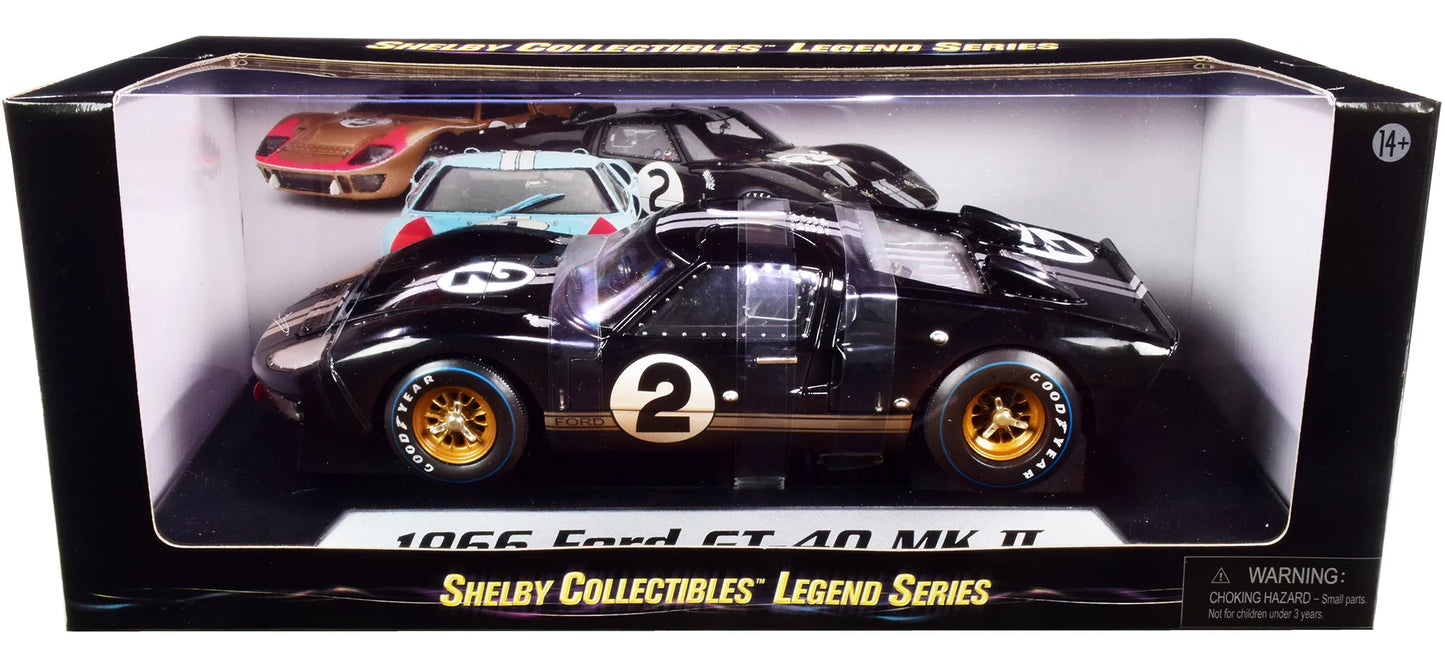 1966 Ford GT-40 MK II #2 Black with Silver Stripes After Race (Dirty Version) 1/18 Diecast Model Car by Shelby Collectibles