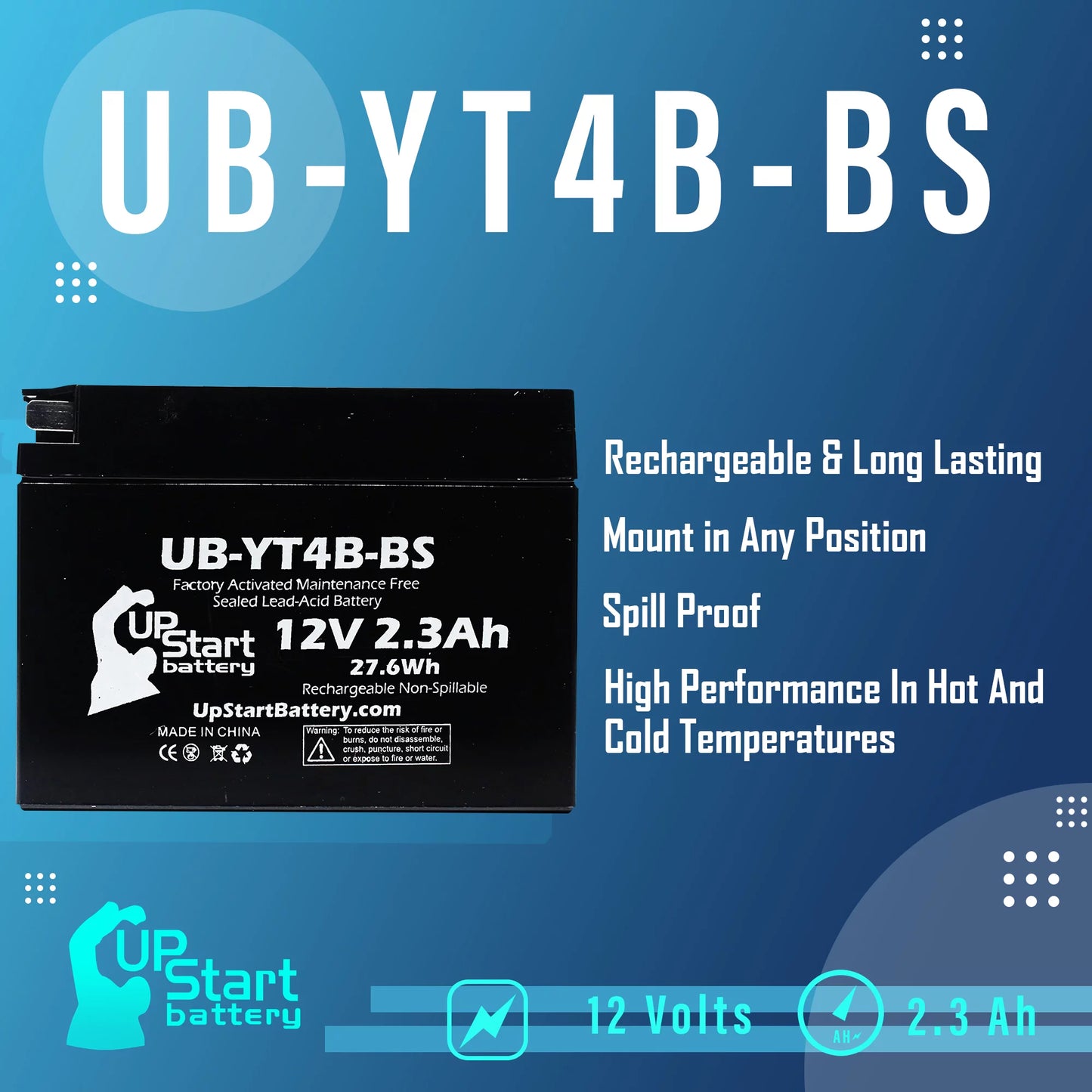 5-Pack UpStart Battery Replacement for 2004 Yamaha SR400 400CC Factory Activated, Maintenance Free, Motorcycle Battery - 12V, 2.3Ah, UB-YT4B-BS