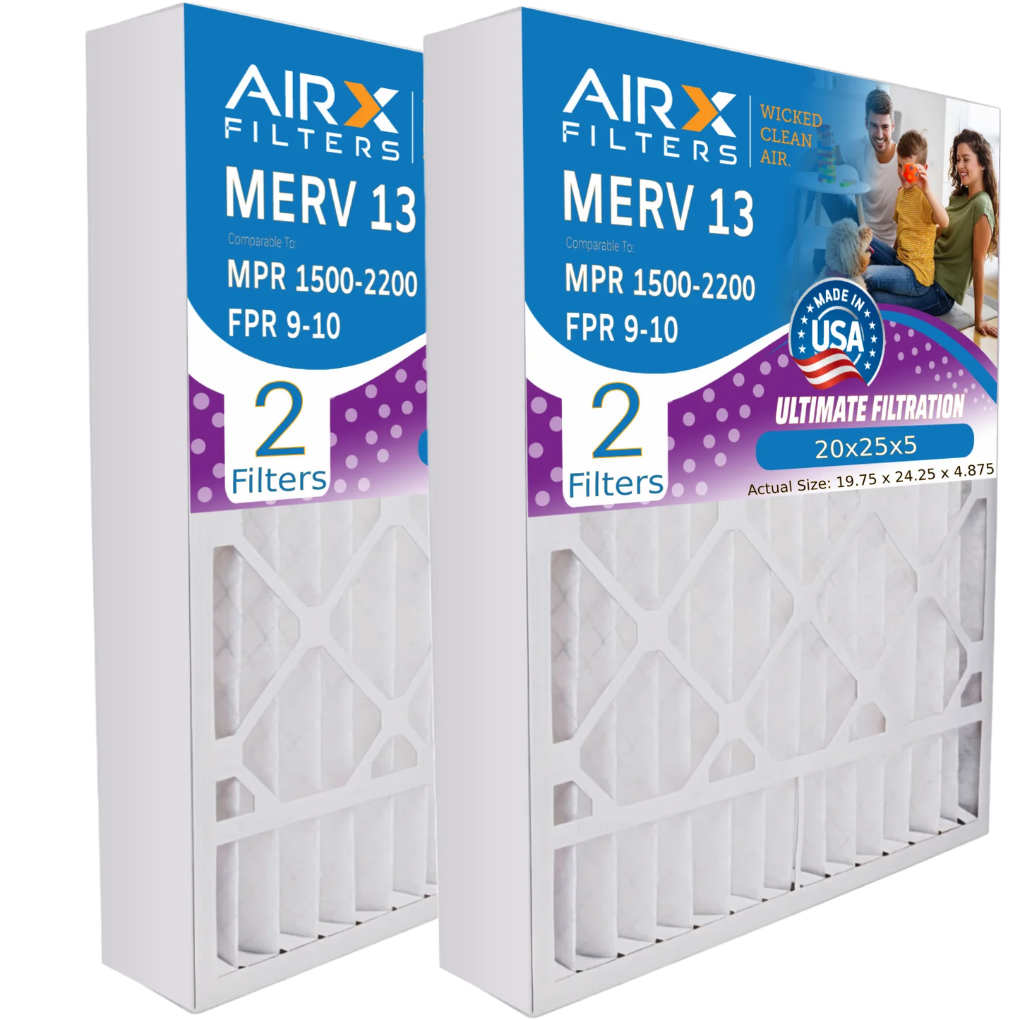 20x25x5 Air Filter MERV 13 Comparable to MPR 1500 - 2200 & FPR 9 Compatible with GeneralAire 14201 Premium USA Made 20x25x5 Furnace Filter 2 Pack by AIRX FILTERS WICKED CLEAN AIR.