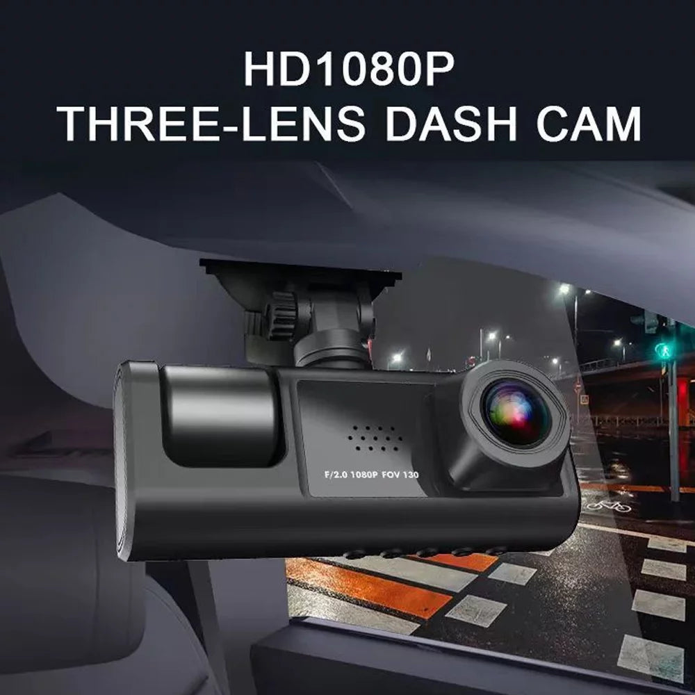 Andoer Multi-Language Dash Cam with Triple Channel System, Front/Rear/Inside Car Cameras, Auto Safety Driving Recorder