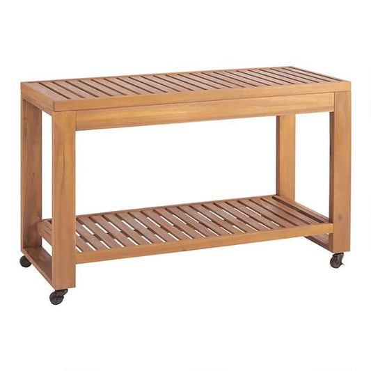 Afuera Living Wood Outdoor Rolling Kitchen Island Slatted Top & Shelf in Natural